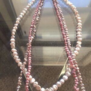VTG 3 Strand Freshwater Rice PEARL Necklace 14k PINK GRAY & WHITE